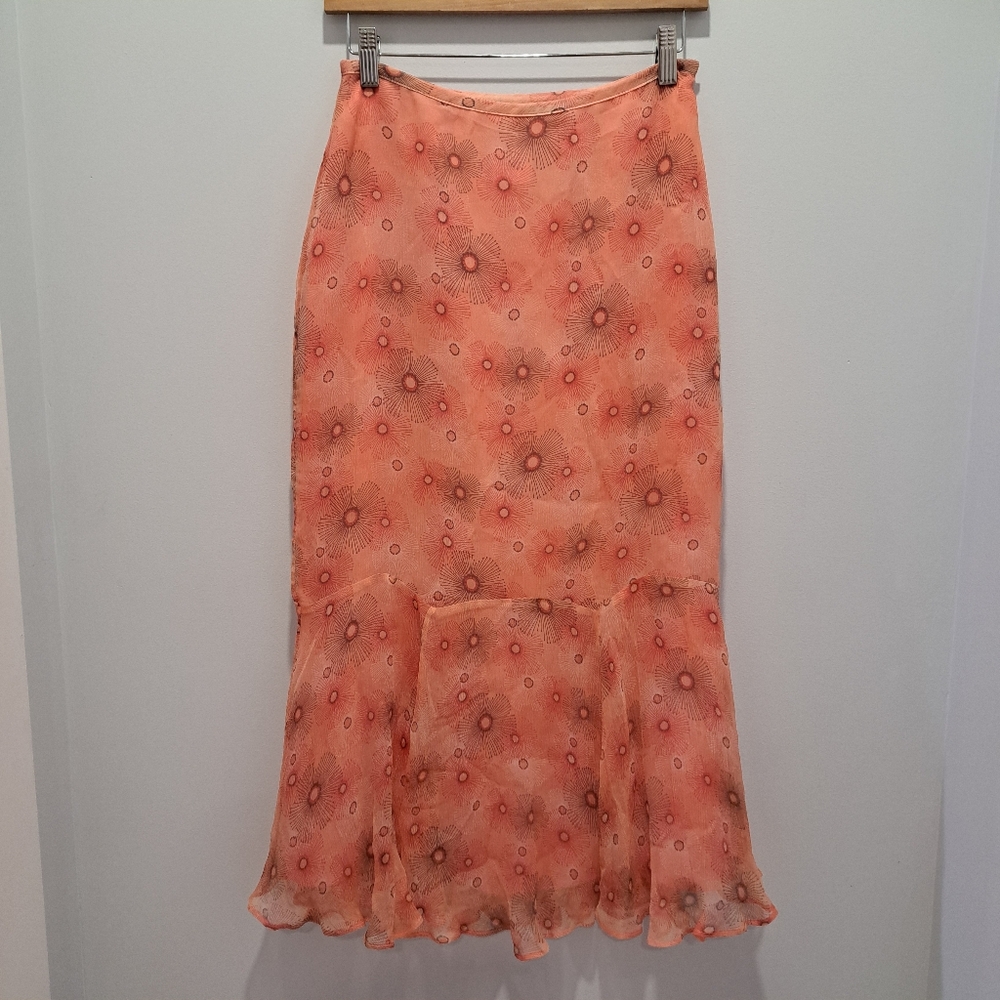 Vintage Precis Petite Silk Coral Midi Flared 90s Y2K Coquette Fairy Skirt 6P
